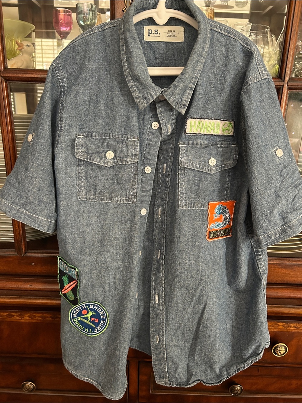 Aeropostale p.s. Denim Short Sleeve Patch Shirt - Blue. Boys 14